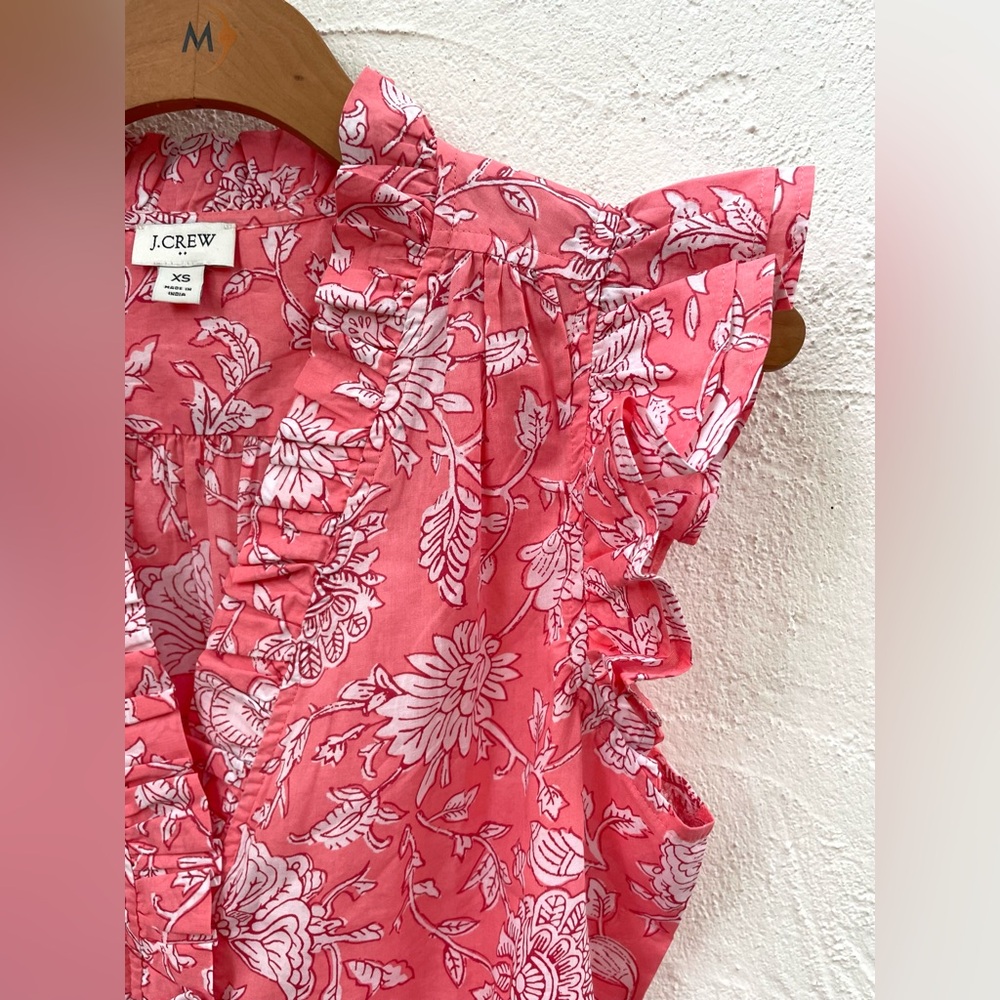 J. Crew Pink Sleeveless Ruffled Blouse / Salmon Pink Floral Blockprint Size XS/S - Picture 3 of 6